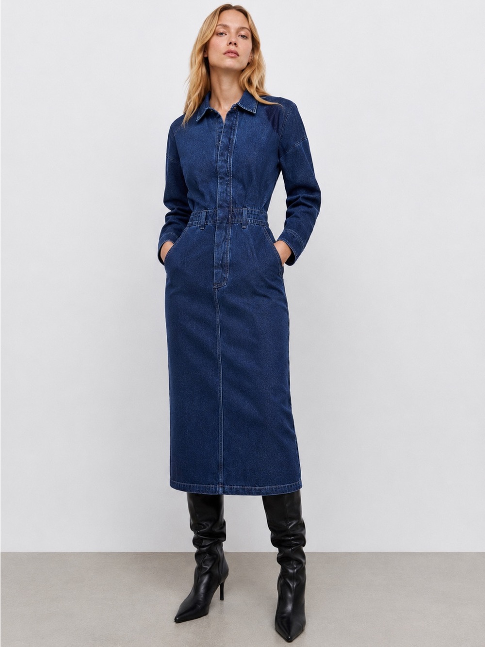 NWT ZARA Denim Long Sleeve Midi Dress